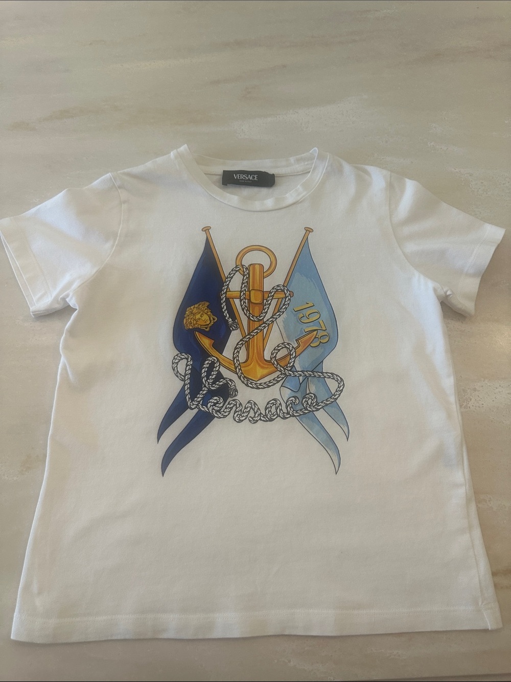 Versace White Nautical Anchor Graphic Tee with Blue Flags